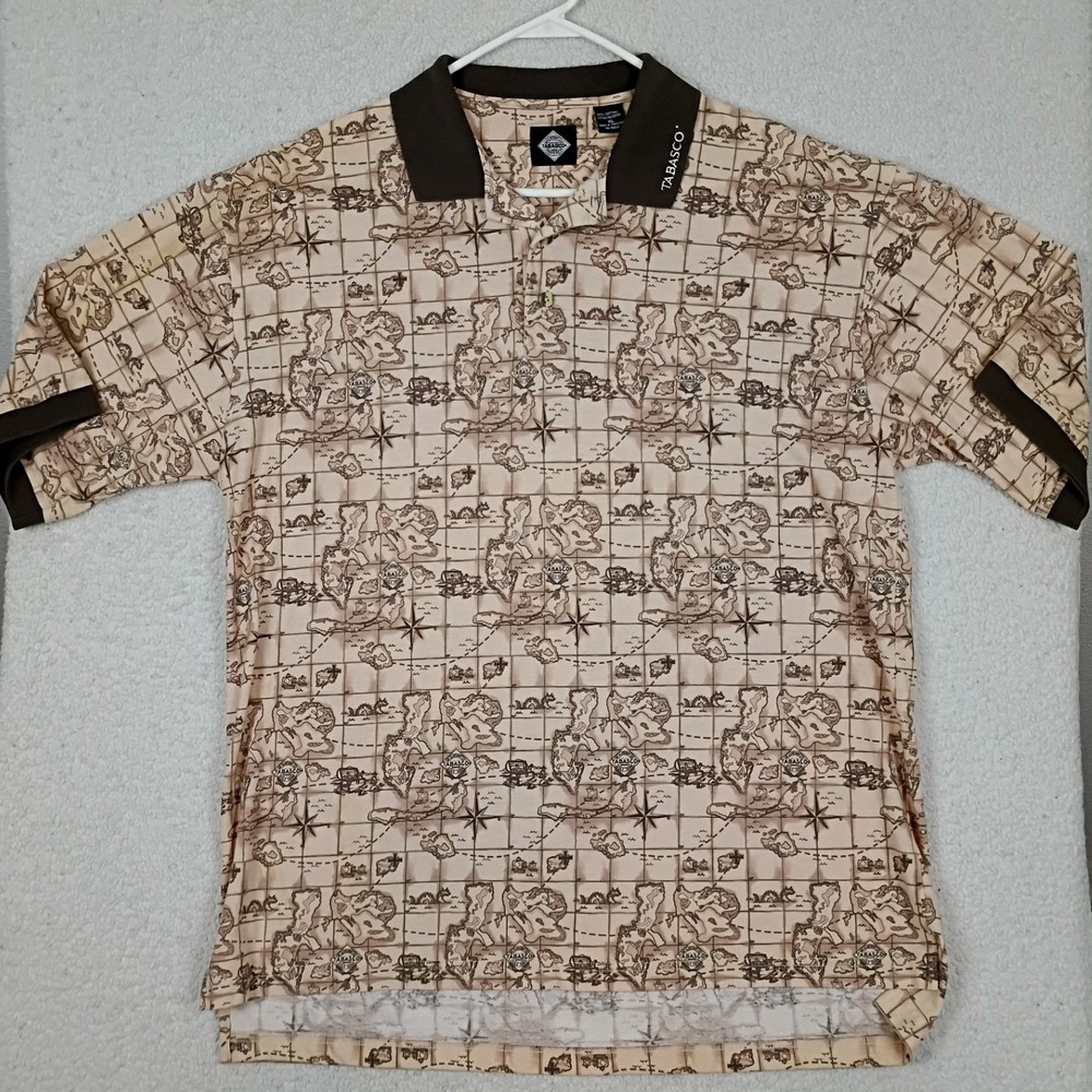 Tabasco Polo Shirt Mens XL Tan All Over Map Print Vintage 90s Golf Team Cotton